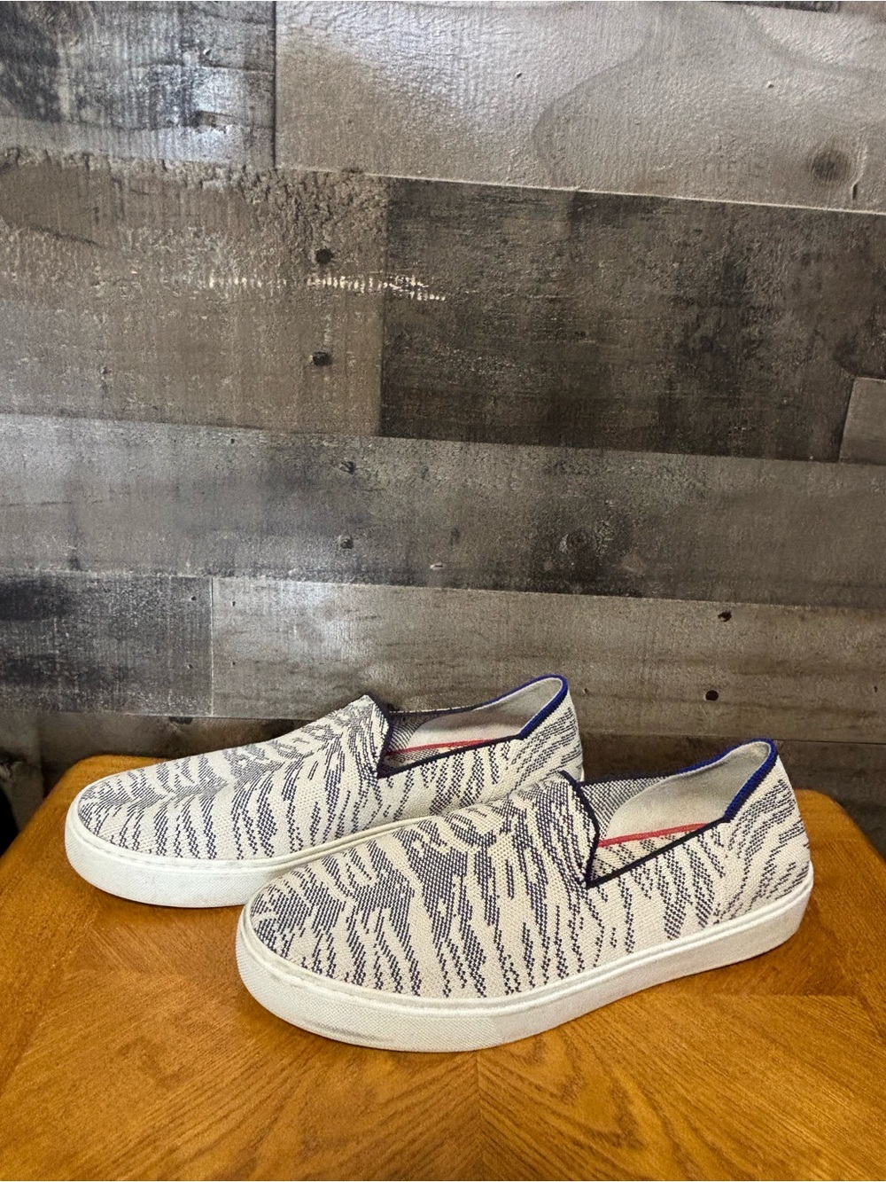 Rothy's Slip-On Sneakers in White and Navy Pattern women’s 9.5